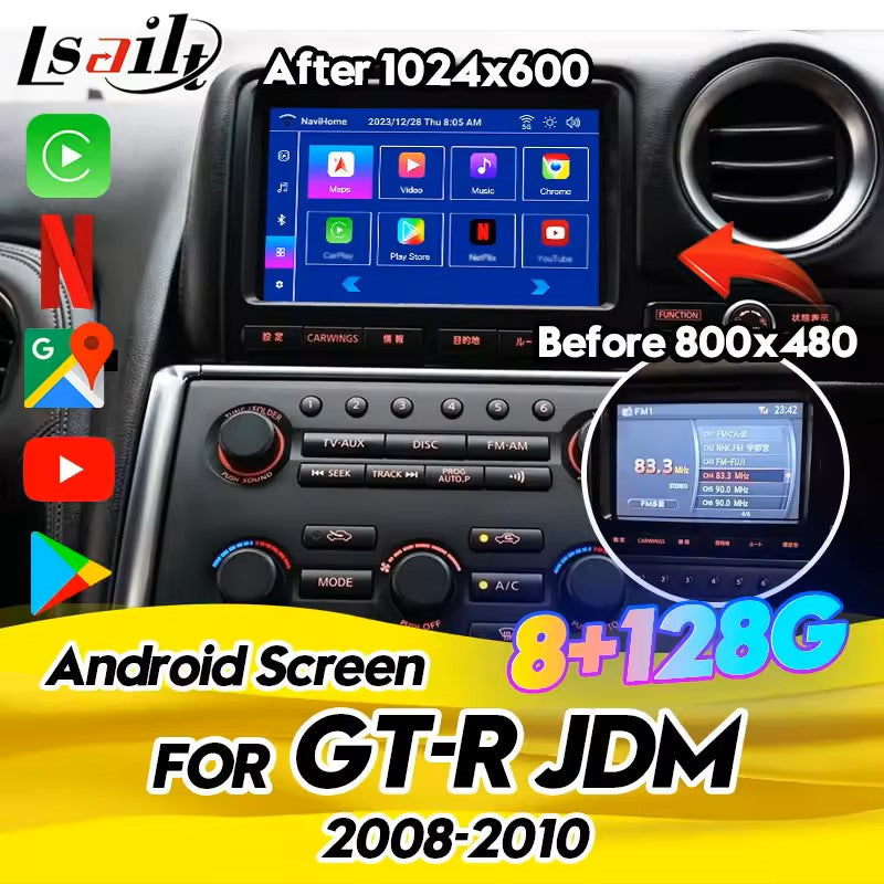 【新型】MFD交換タイプR35 GT-R 2007-2010用 YOUTUBE CarPlay対応ディスプレイオーディオ